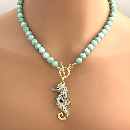 Amazonite Bead Necklace with Turquoise and Gold Seahorse Pendant- Natural Stone Bead Necklace-Toggle Clasp-Gift For Her