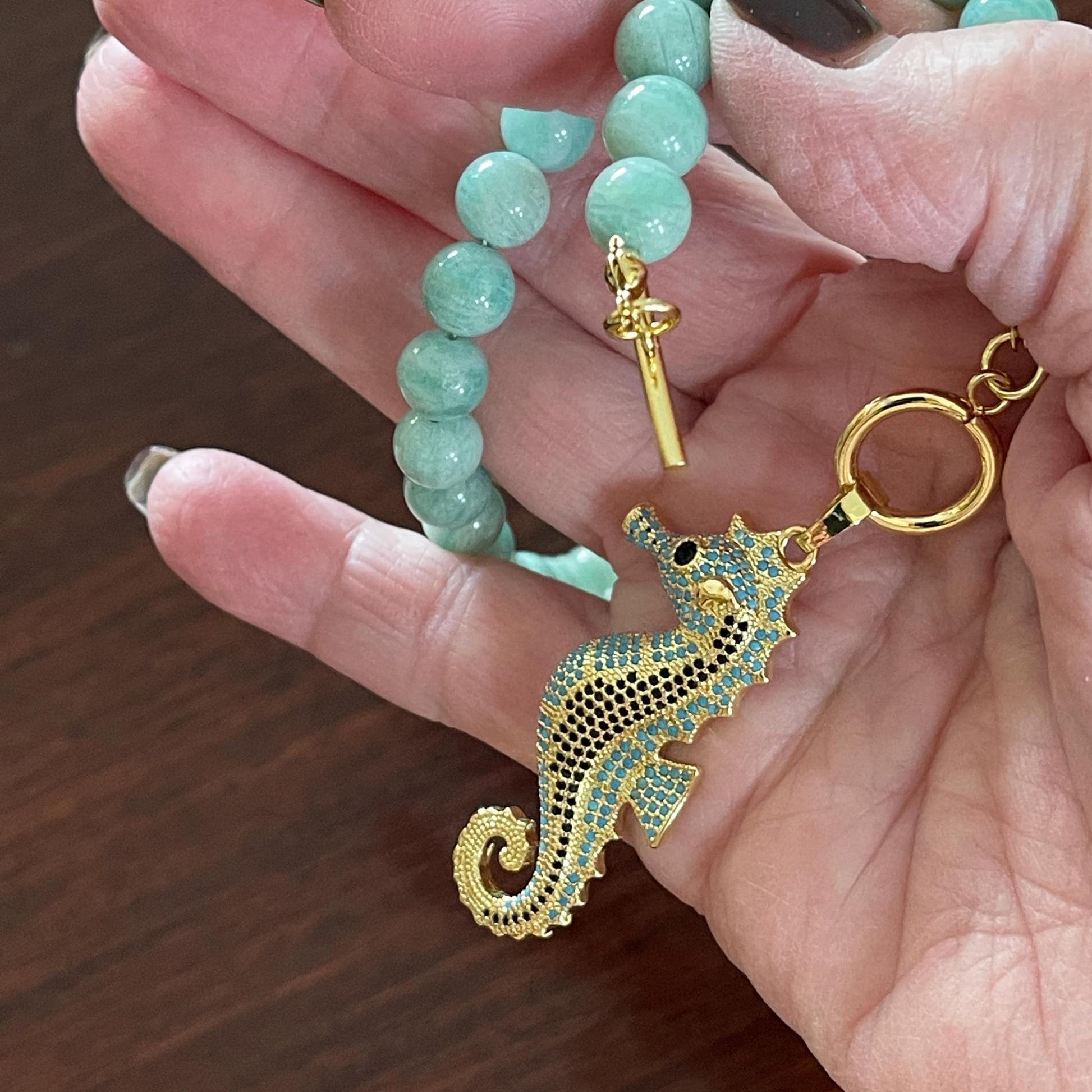 Amazonite Bead Necklace with Turquoise and Gold Seahorse Pendant- Natural Stone Bead Necklace-Toggle Clasp-Gift For Her