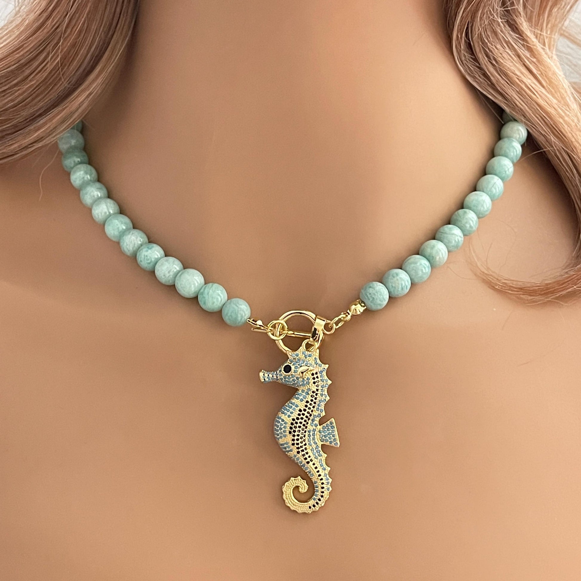 Amazonite Bead Necklace with Turquoise and Gold Seahorse Pendant- Natural Stone Bead Necklace-Toggle Clasp-Gift For Her