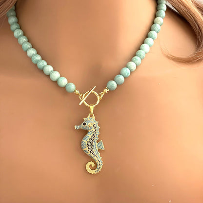 Amazonite Bead Necklace with Turquoise and Gold Seahorse Pendant- Natural Stone Bead Necklace-Toggle Clasp-Gift For Her