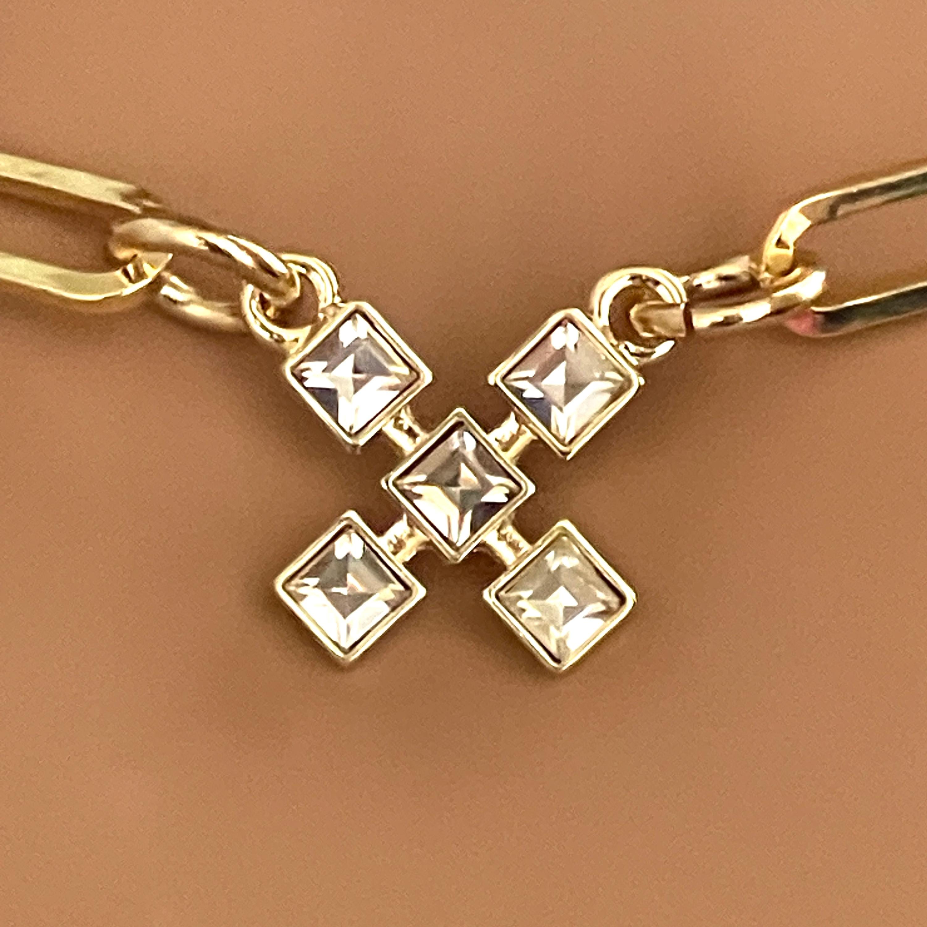 Gold Multi Charm Necklace-CZ Charms-Northern Star Charm-Coat of Arms Charm-Large CZ Stone -CZ Carabiner Clasp-X Kiss Charm Necklace