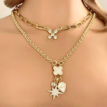 Gold Multi Charm Necklace-CZ Charms-Northern Star Charm-Coat of Arms Charm-Large CZ Stone -CZ Carabiner Clasp-X Kiss Charm Necklace