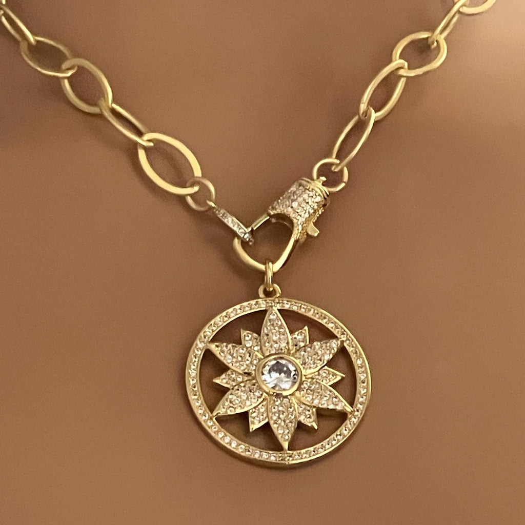 Matte Gold Cable Chain Necklace- Large Micro Pave Cutout Flower Pendant- Cubic Zirconia Pendant -CZ Lobster Clasp