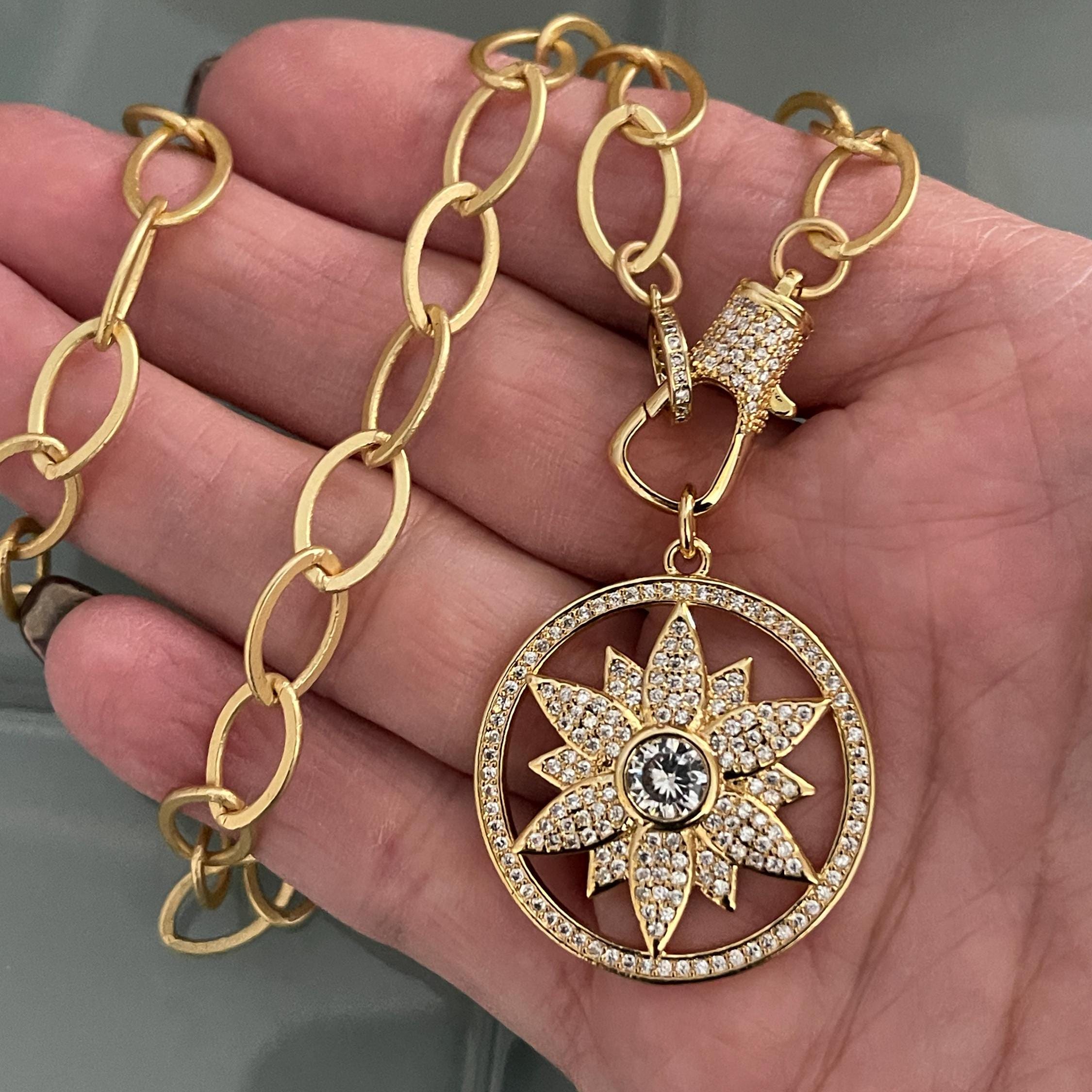 Gold Necklace-Flower Pendant-Spring Clasp Necklace-Matte Gold Lariat Necklace-Gift for Her