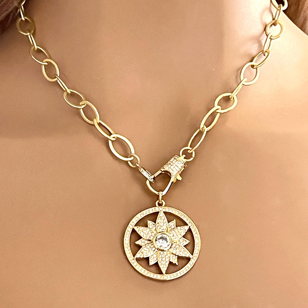 Matte Gold Cable Chain Necklace- Large Micro Pave Cutout Flower Pendant- Cubic Zirconia Pendant -CZ Lobster Clasp