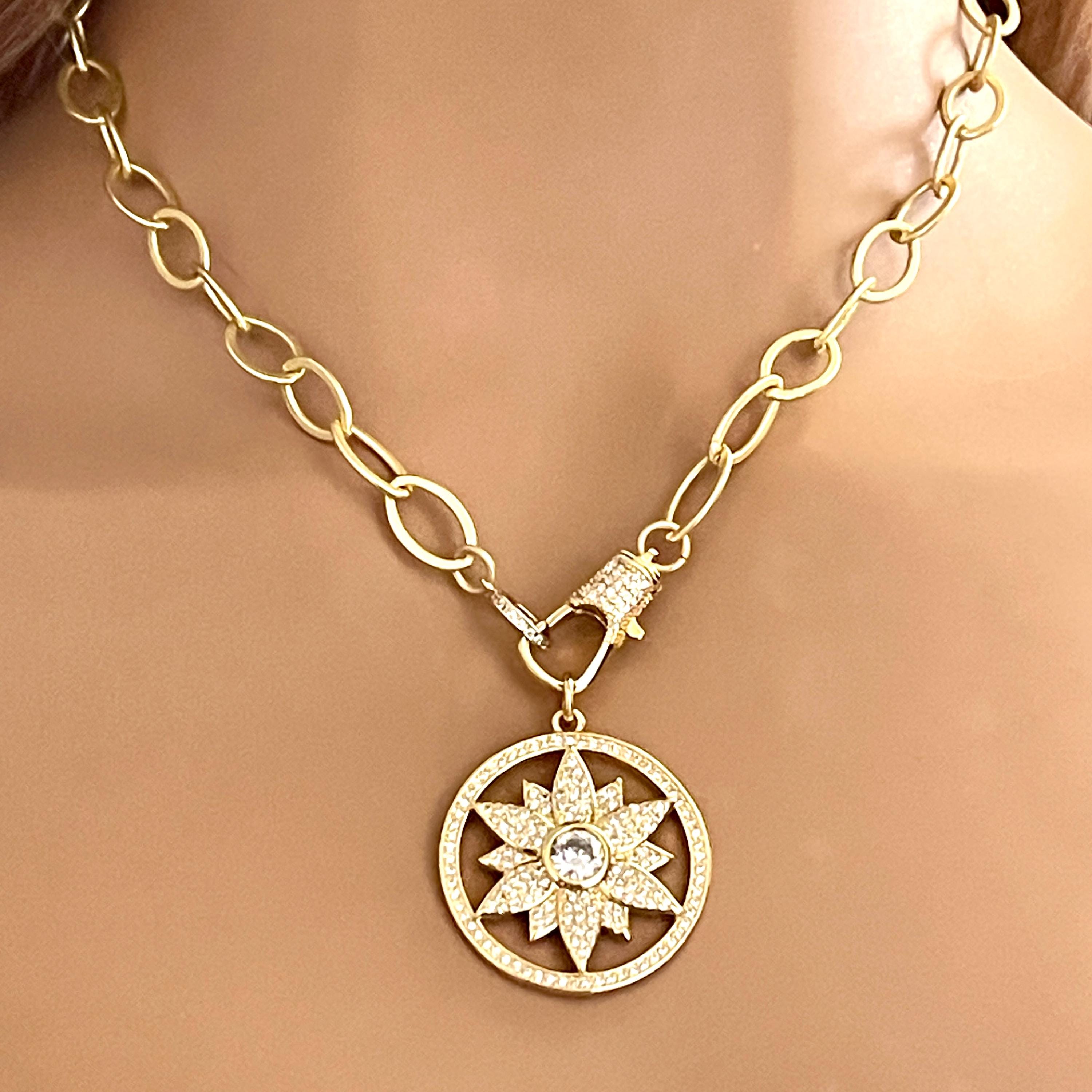 Matte Gold Cable Chain Necklace- Large Micro Pave Cutout Flower Pendant- Cubic Zirconia Pendant -CZ Lobster Clasp