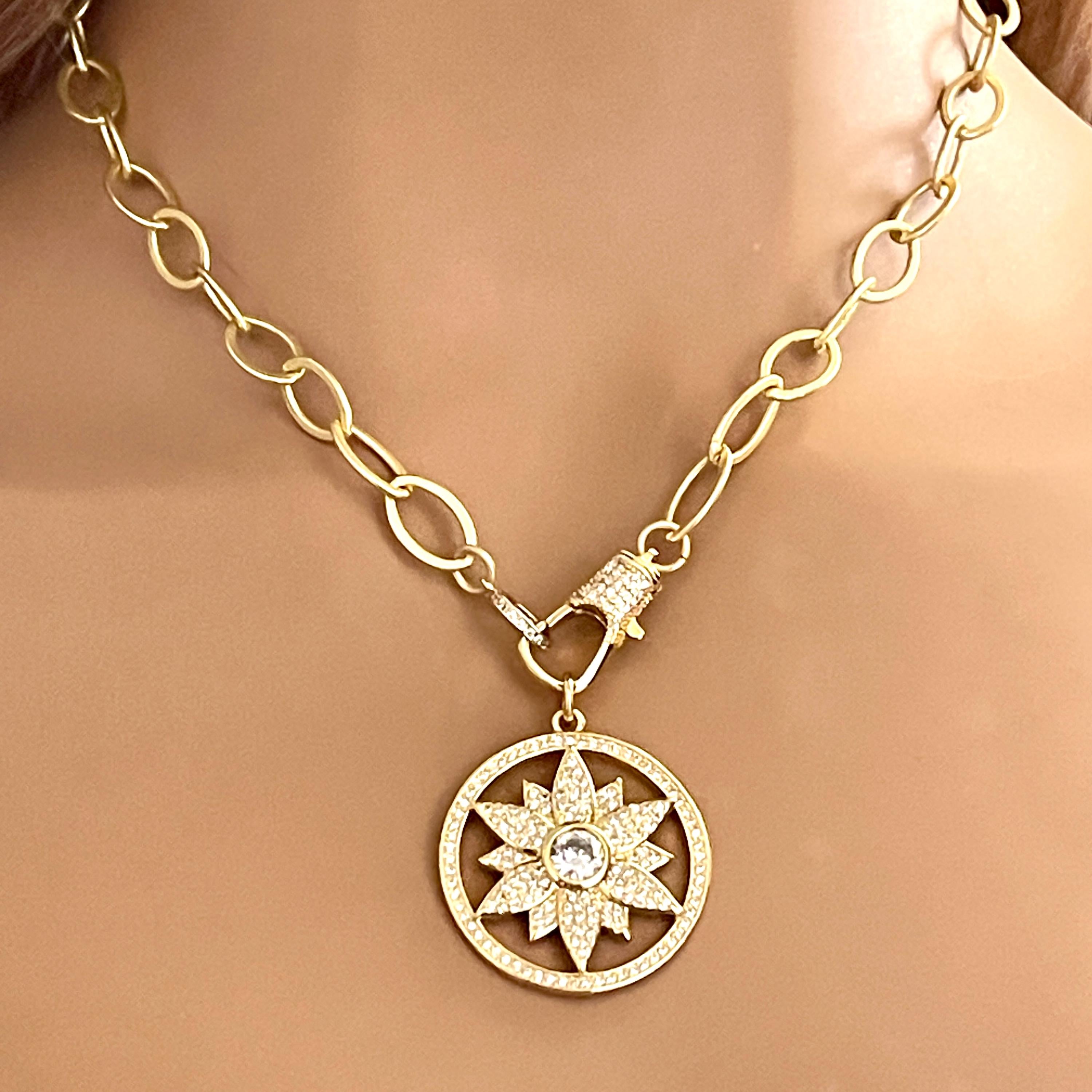 Gold Necklace-Flower Pendant-Spring Clasp Necklace-Matte Gold Lariat Necklace-Gift for Her