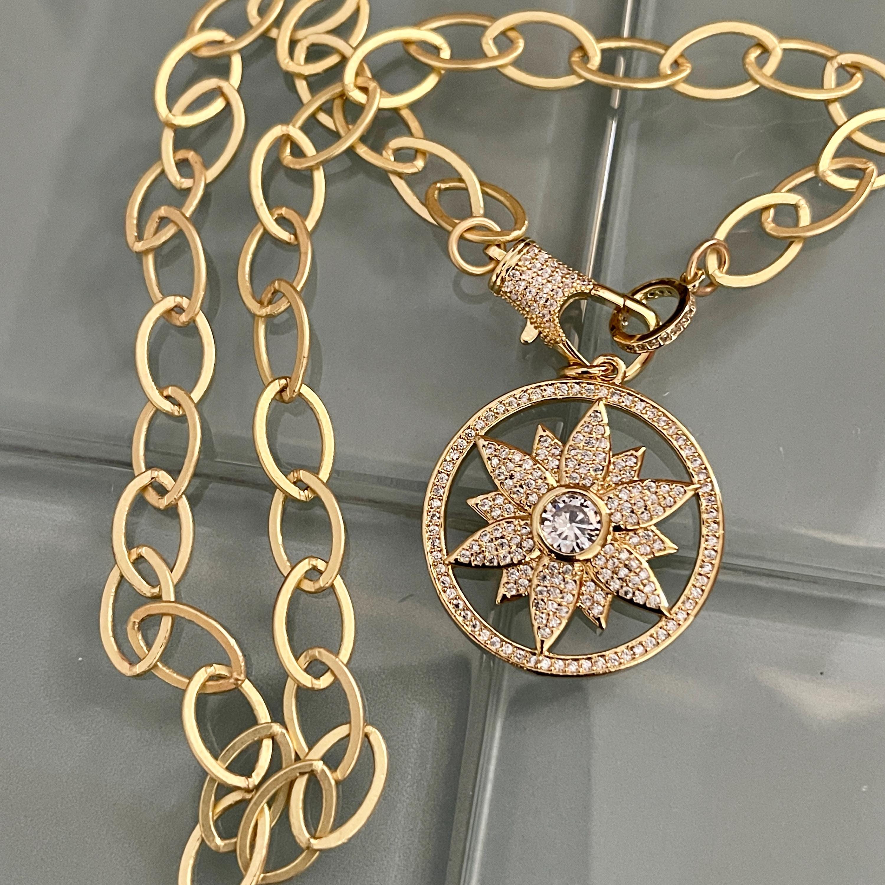 Matte Gold Cable Chain Necklace- Large Micro Pave Cutout Flower Pendant- Cubic Zirconia Pendant -CZ Lobster Clasp