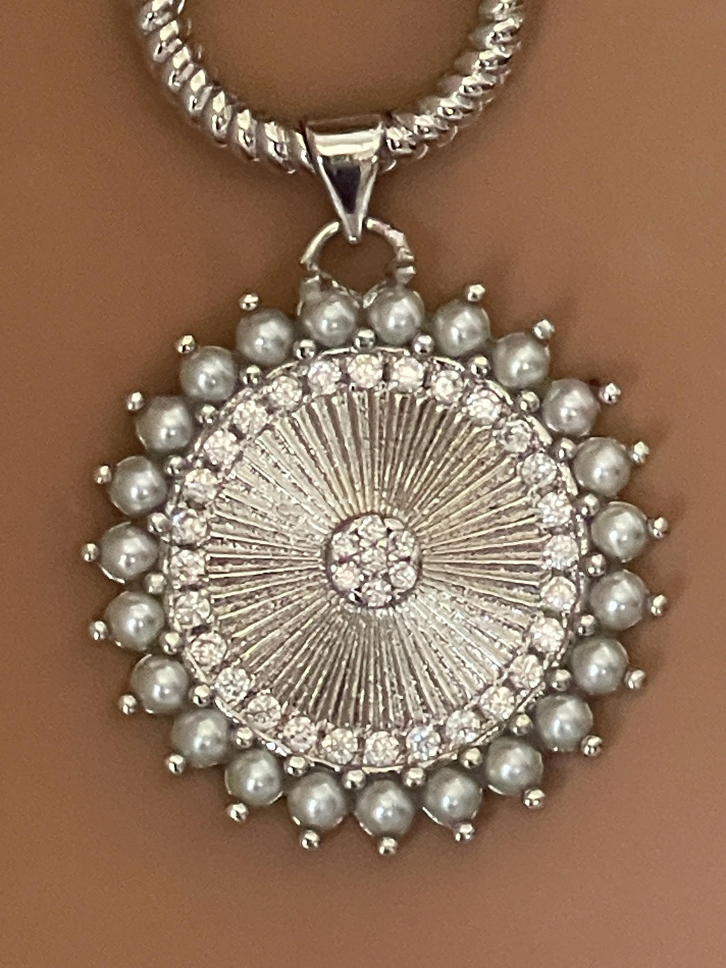 Grey Porcelain Pearl Charm Necklace-Glass Replica 6mm Pearl-Silver Pearl and CZ Charm Pendant-Hand Knotted 17"-Rope Design Spring Lock Clasp