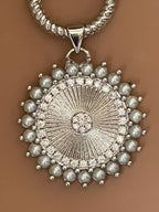 Grey Porcelain Pearl Charm Necklace-Glass Replica 6mm Pearl-Silver Pearl and CZ Charm Pendant-Hand Knotted 17"-Rope Design Spring Lock Clasp