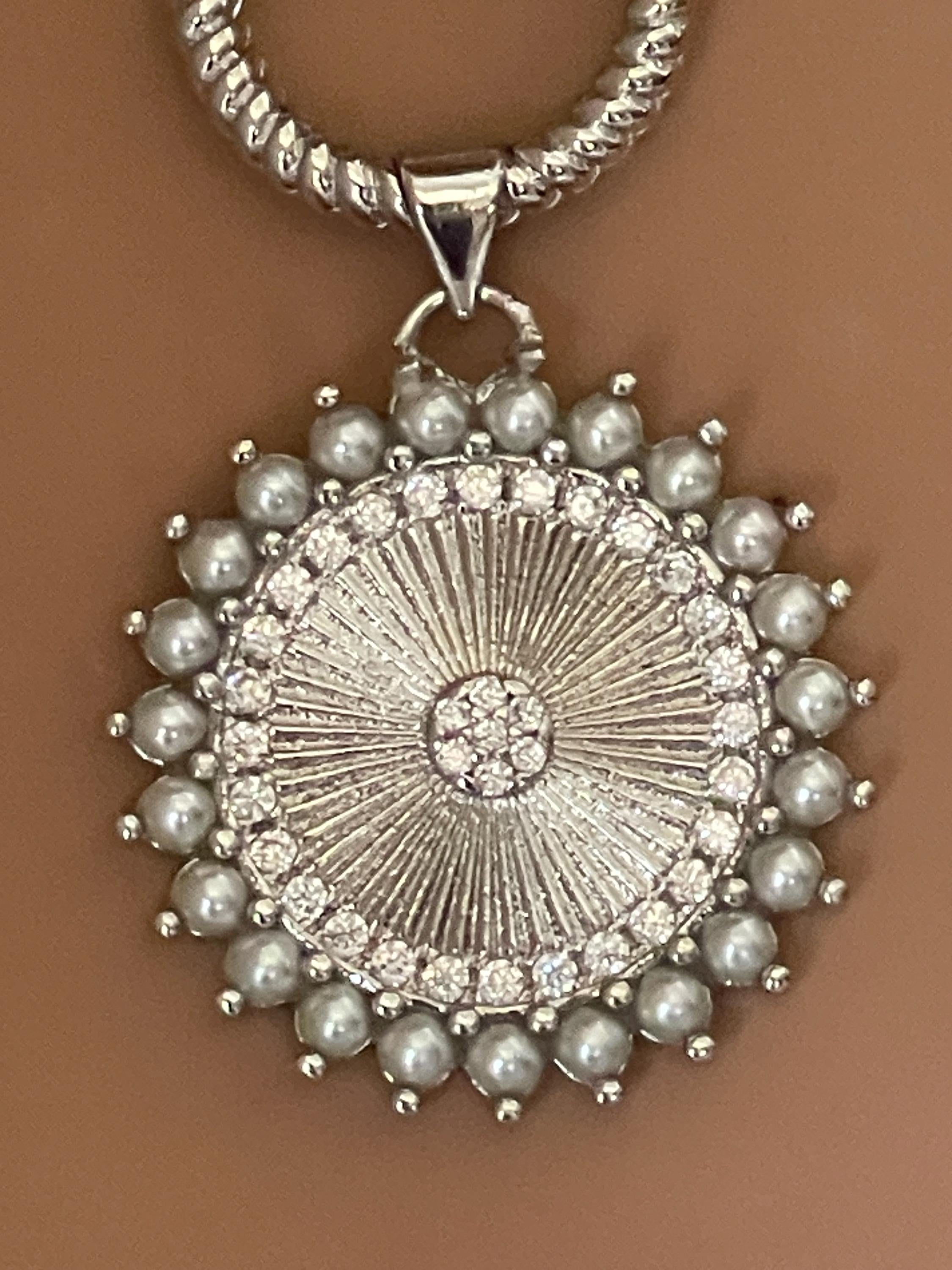 Grey Porcelain Pearl Charm Necklace-Glass Replica 6mm Pearl-Silver Pearl and CZ Charm Pendant-Hand Knotted 17"-Rope Design Spring Lock Clasp