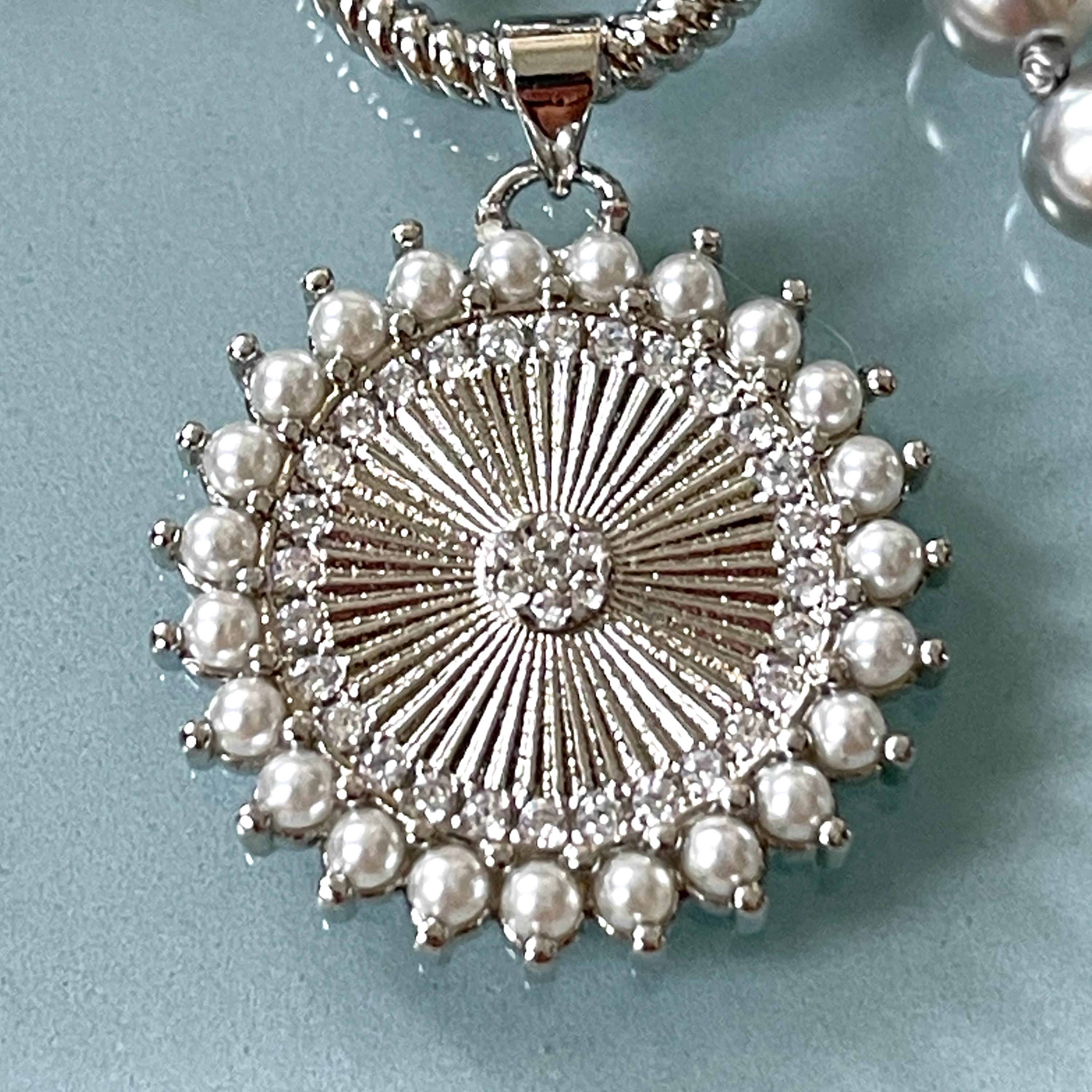 Grey Porcelain Pearl Charm Necklace-Glass Replica 6mm Pearl-Silver Pearl and CZ Charm Pendant-Hand Knotted 17"-Rope Design Spring Lock Clasp