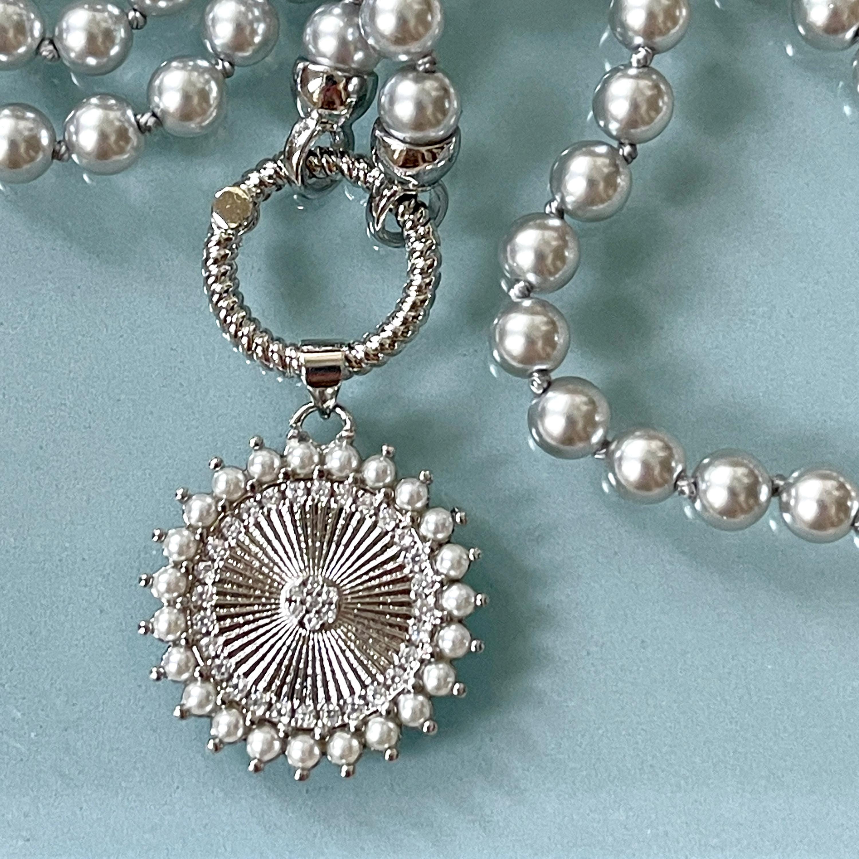 Grey Porcelain Pearl Charm Necklace-Glass Replica 6mm Pearl-Silver Pearl and CZ Charm Pendant-Hand Knotted 17"-Rope Design Spring Lock Clasp