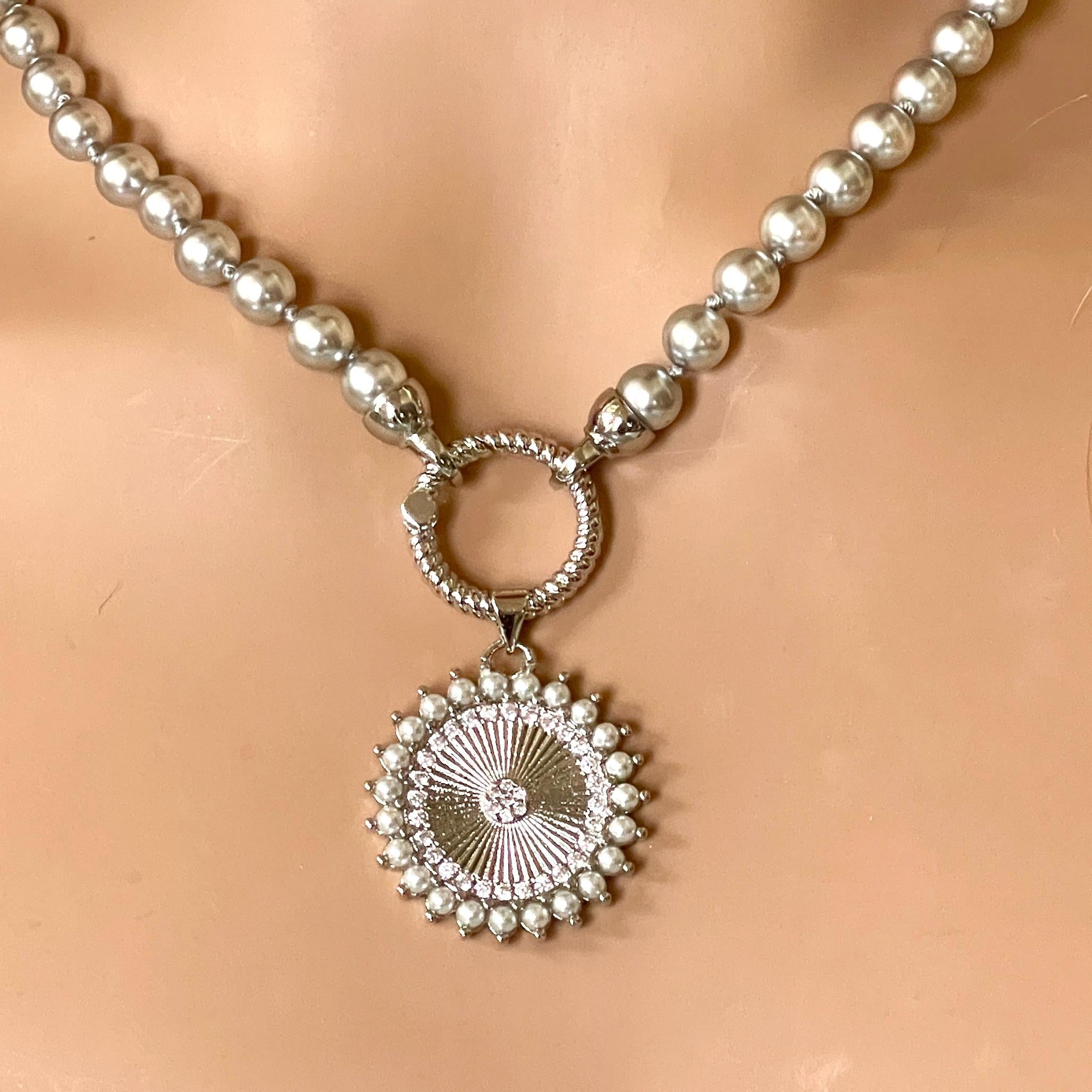 Grey Porcelain Pearl Charm Necklace-Glass Replica 6mm Pearl-Silver Pearl and CZ Charm Pendant-Hand Knotted 17"-Rope Design Spring Lock Clasp