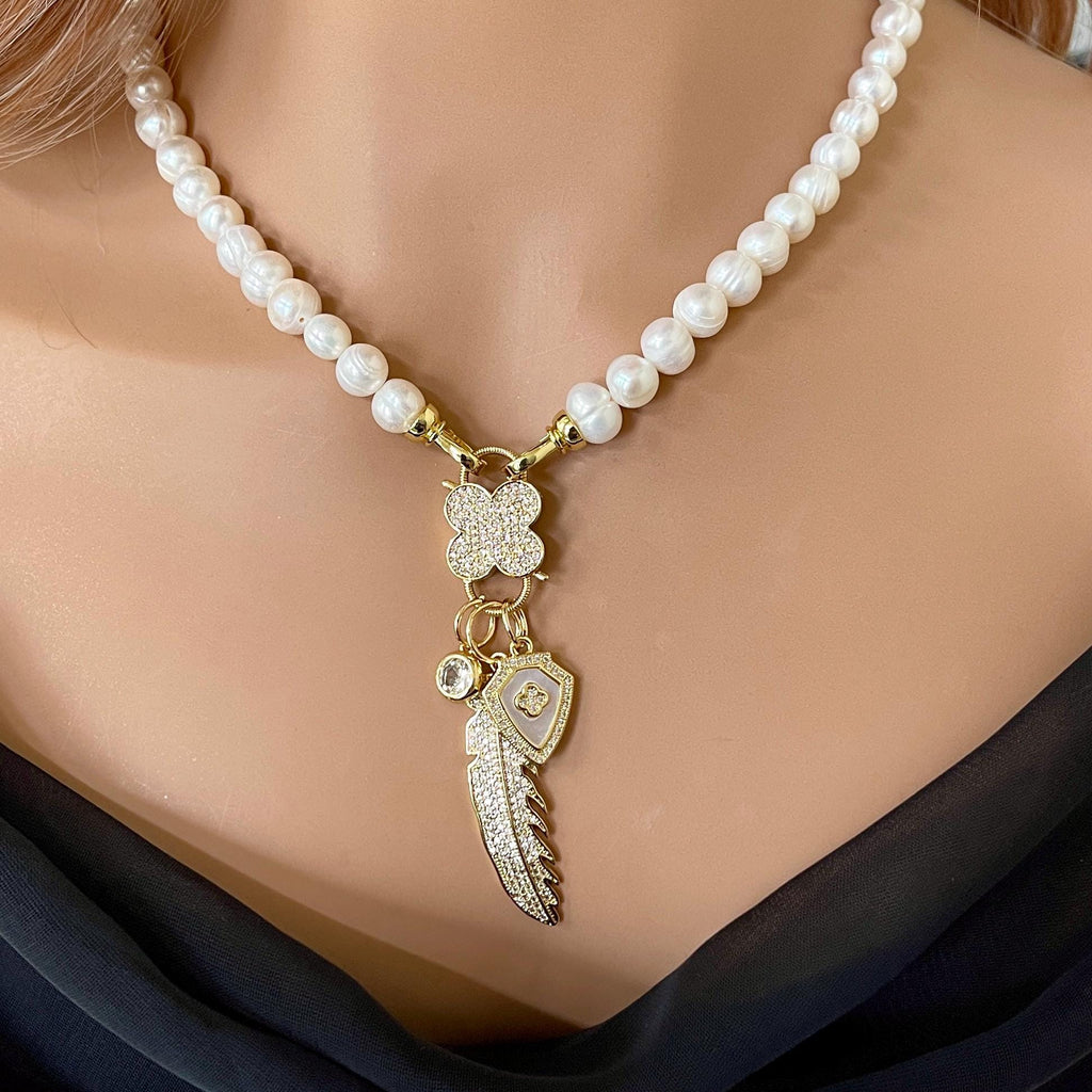 Freshwater Pearl Necklace – CZ Flower Clasp, Micro Pave Charms