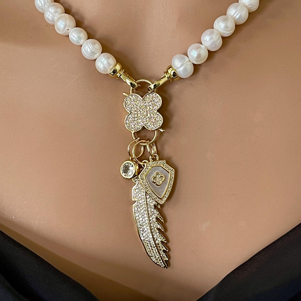 Fresh Water Pearl Necklace-CZ Flower Clasp- Micro Pave Multi Charm Necklace-Fold Over Snap Clasps-16ins-18ins-20ins-Gift For Her