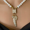 Fresh Water Pearl Necklace-CZ Flower Clasp- Micro Pave Multi Charm Necklace-Fold Over Snap Clasps-16ins-18ins-20ins-Gift For Her