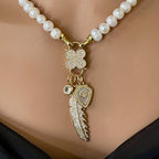 Fresh Water Pearl Necklace-CZ Flower Clasp- Micro Pave Multi Charm Necklace-Fold Over Snap Clasps-16ins-18ins-20ins-Gift For Her