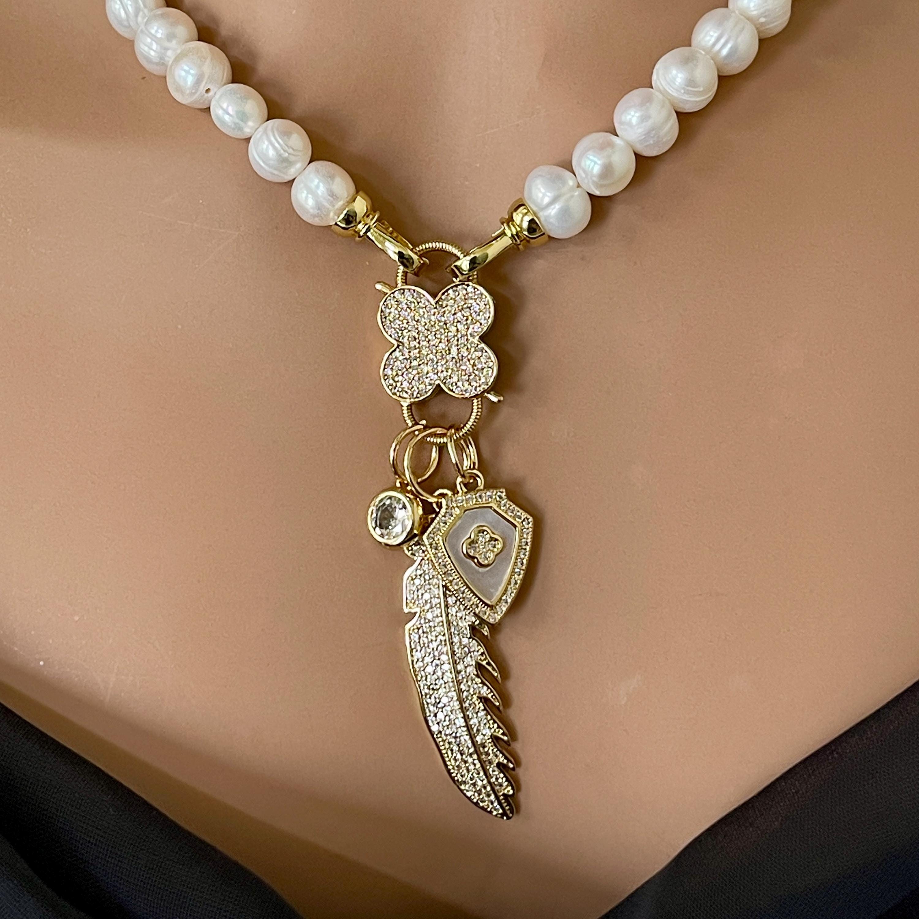 Fresh Water Pearl Necklace-CZ Flower Clasp- Micro Pave Multi Charm Necklace-Fold Over Snap Clasps-16ins-18ins-20ins-Gift For Her