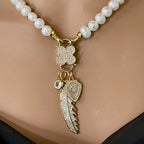 Fresh Water Pearl Necklace-CZ Flower Clasp- Micro Pave Multi Charm Necklace-Fold Over Snap Clasps-16ins-18ins-20ins-Gift For Her