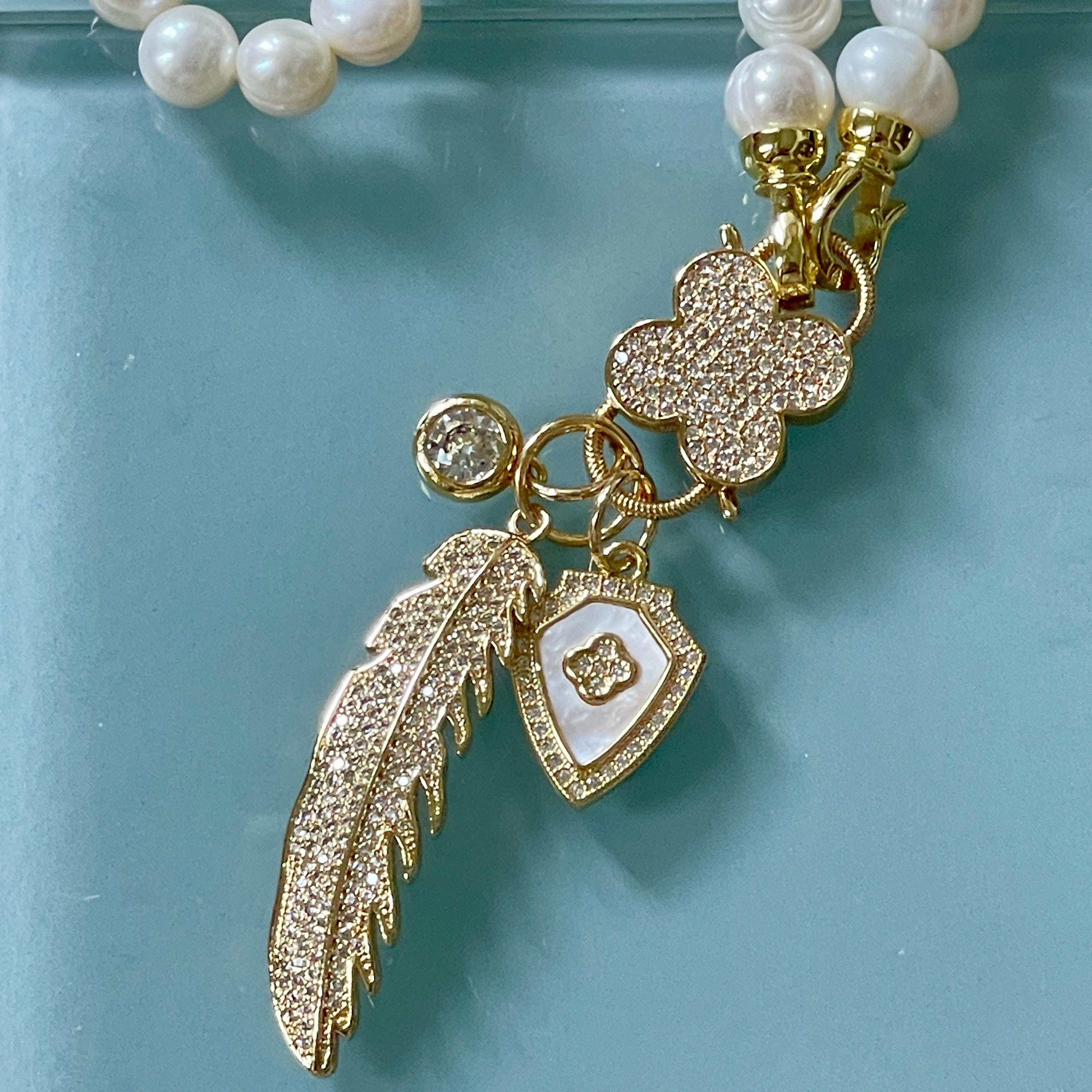 Freshwater Pearl Necklace – CZ Flower Clasp, Micro Pave Charms