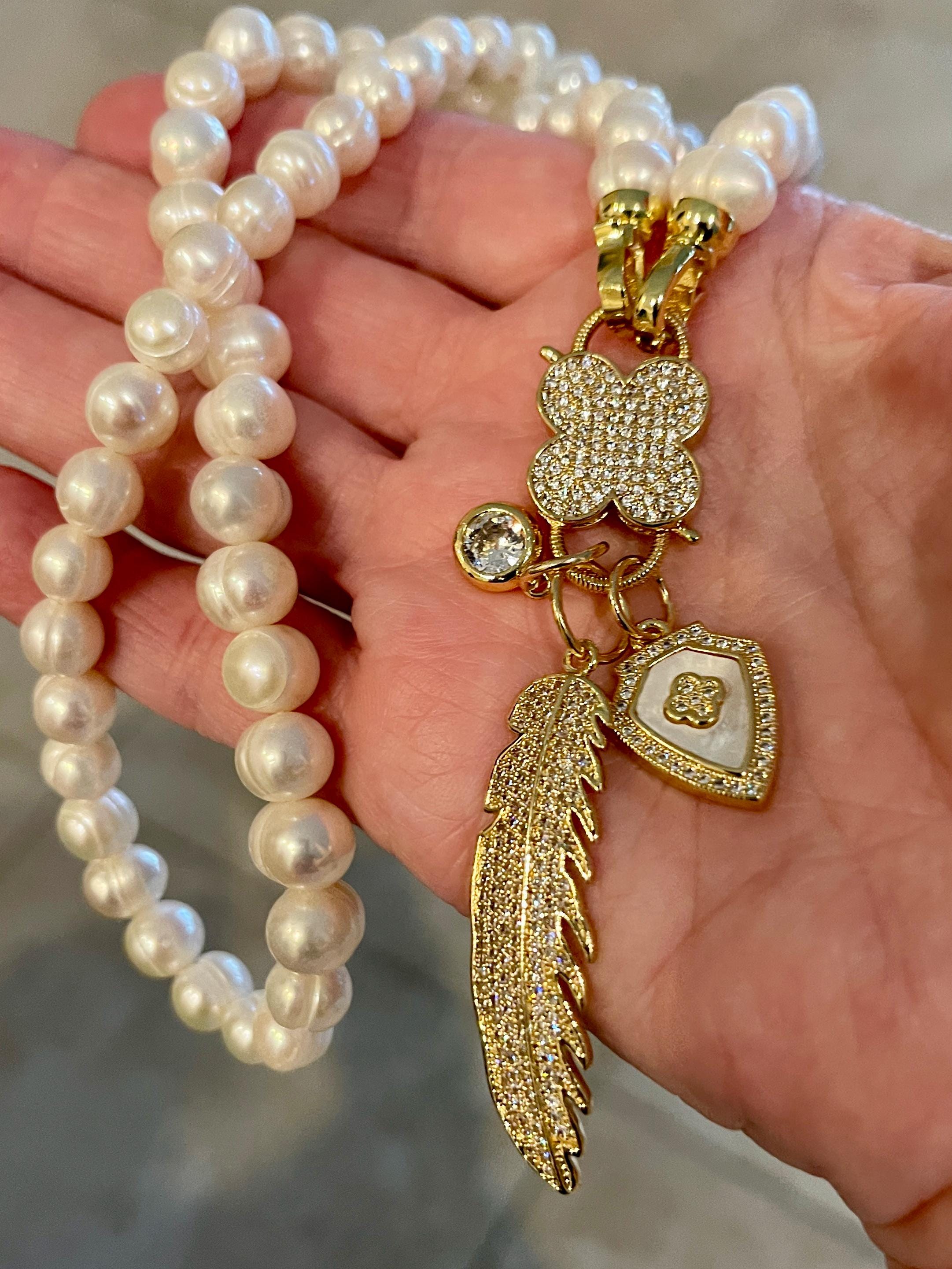 Freshwater Pearl Necklace – CZ Flower Clasp, Micro Pave Charms