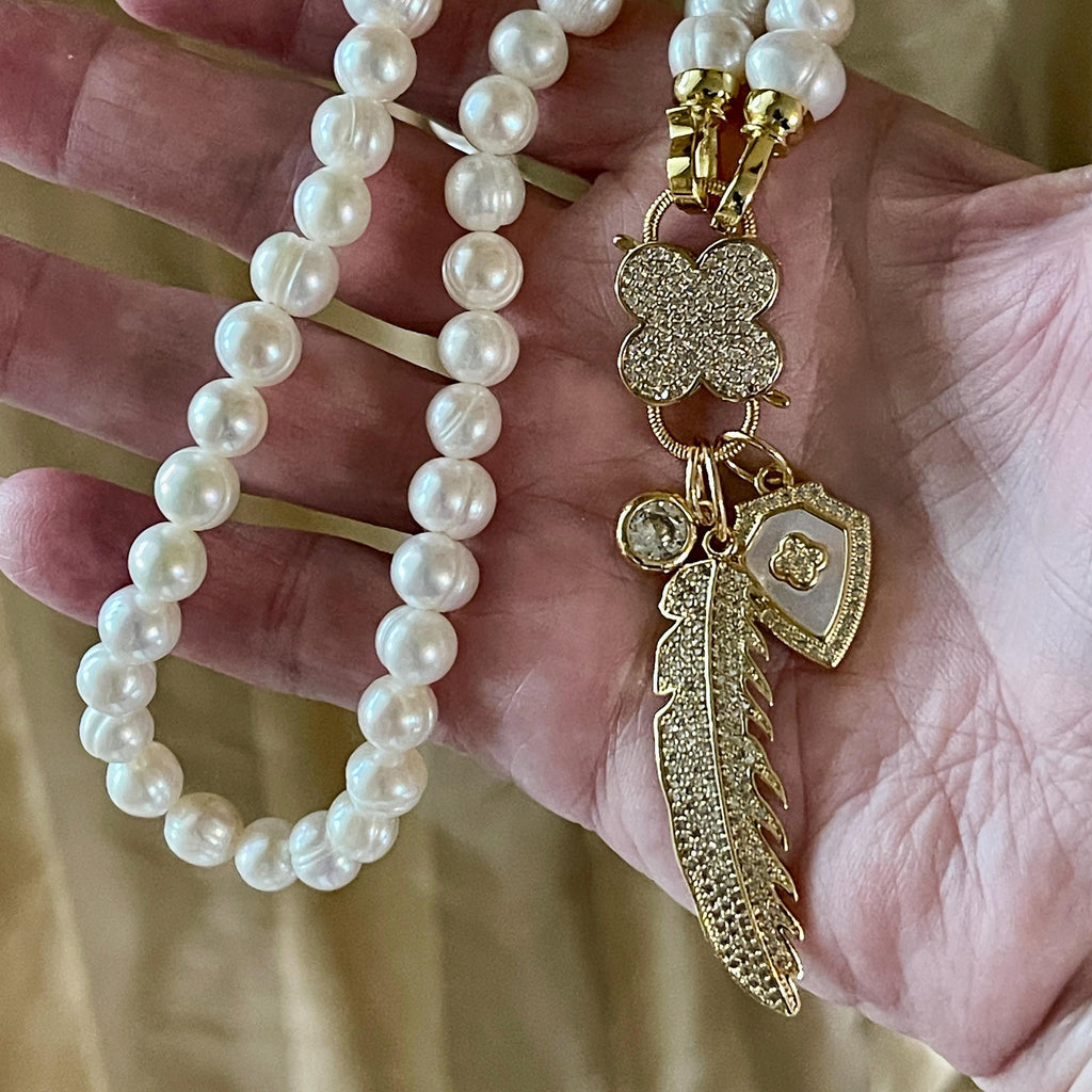 Fresh Water Pearl Necklace-CZ Flower Clasp- Micro Pave Multi Charm Necklace-Fold Over Snap Clasps-16ins-18ins-20ins-Gift For Her