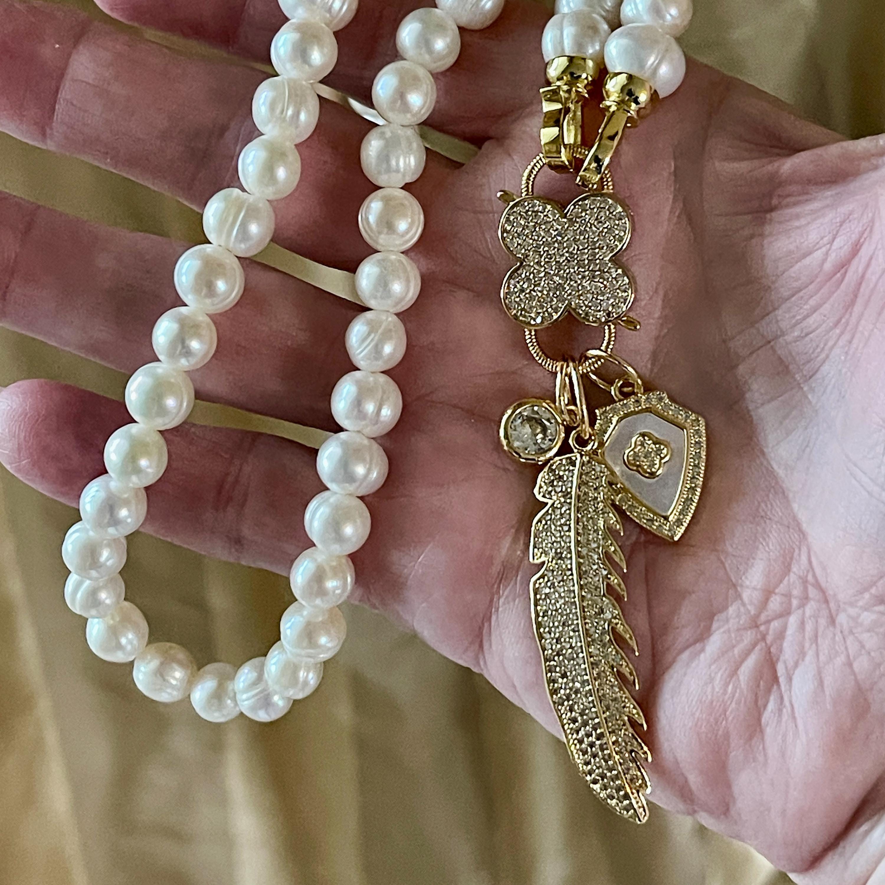 Fresh Water Pearl Necklace-CZ Flower Clasp- Micro Pave Multi Charm Necklace-Fold Over Snap Clasps-16ins-18ins-20ins-Gift For Her