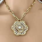 Gold CZ 3D Flower Pendant- Paperclip Chain Necklace-Large Micro Pave Pearl Pendant- Lobster Clasp