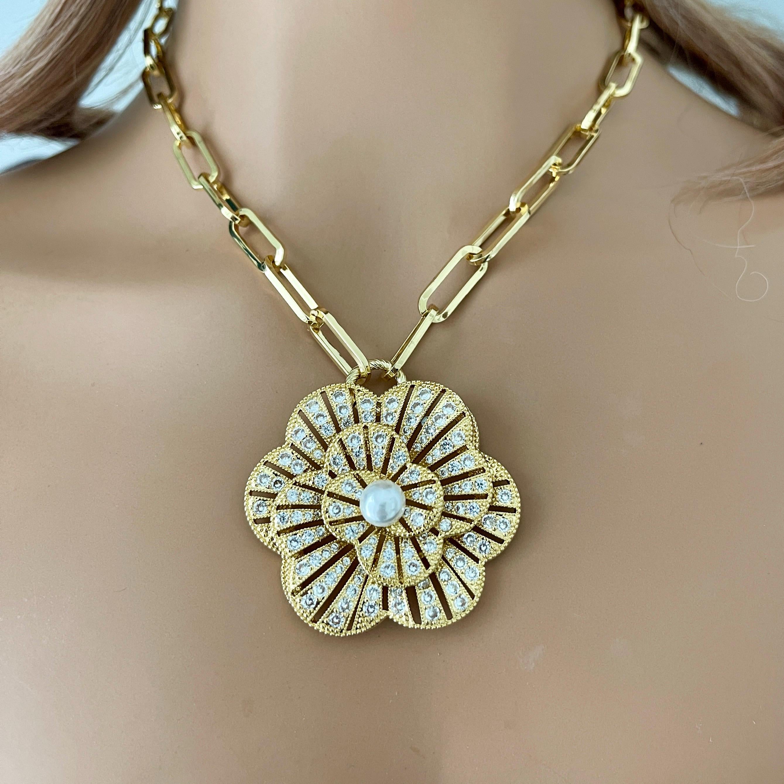 Gold CZ 3D Flower Pendant- Paperclip Chain Necklace-Large Micro Pave Pearl Pendant- Lobster Clasp