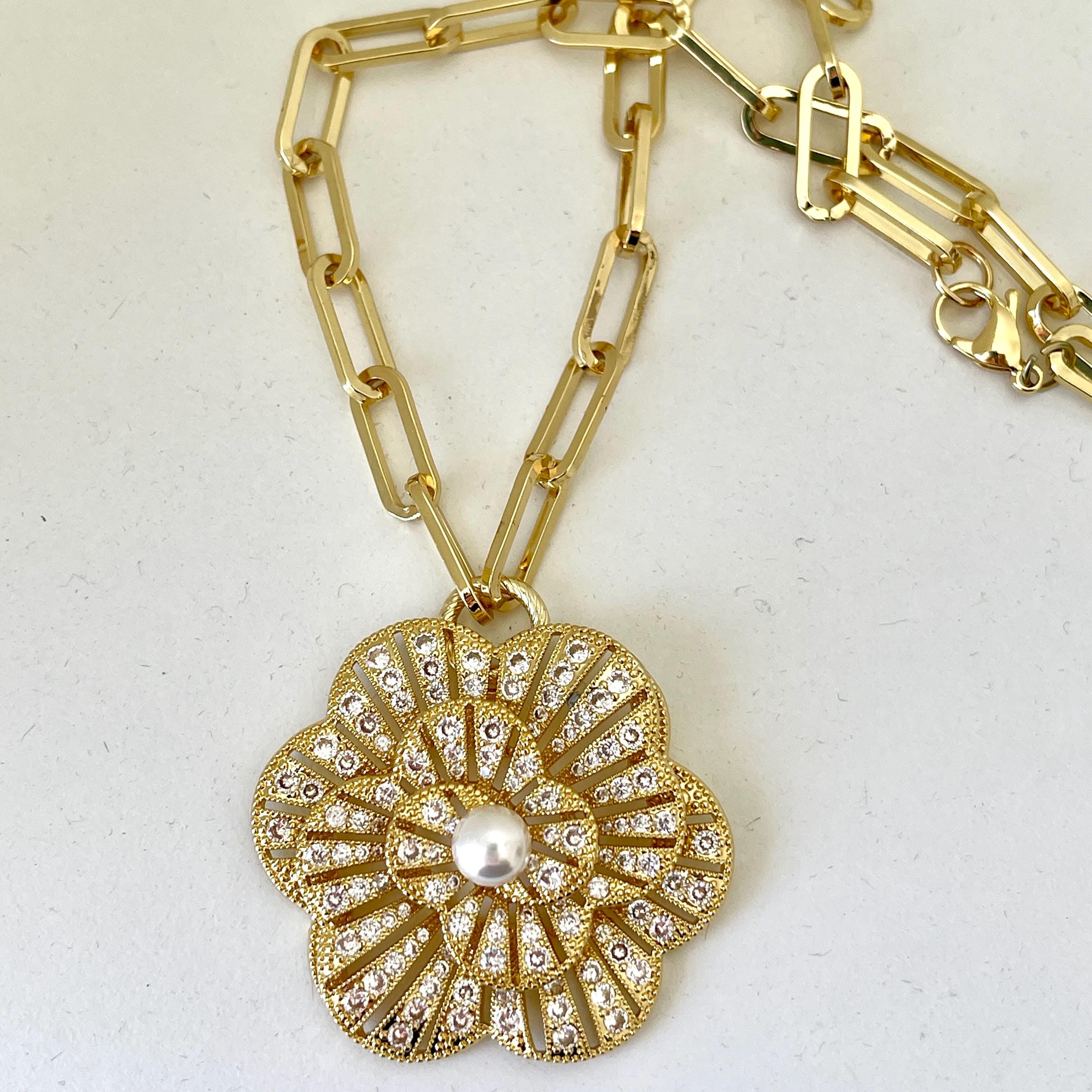Gold CZ 3D Flower Pendant- Paperclip Chain Necklace-Large Micro Pave Pearl Pendant- Lobster Clasp