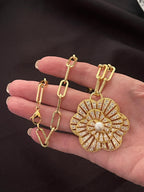 Gold CZ 3D Flower Pendant- Paperclip Chain Necklace-Large Micro Pave Pearl Pendant- Lobster Clasp