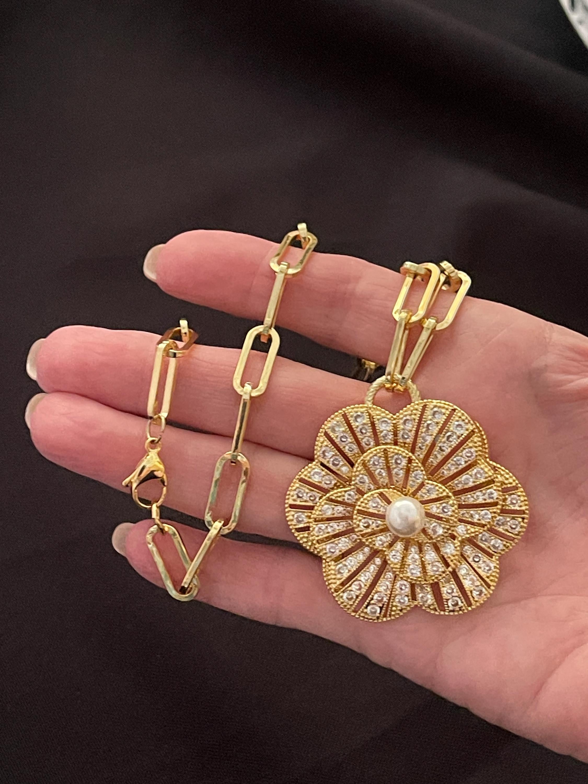 Gold CZ 3D Flower Pendant- Paperclip Chain Necklace-Large Micro Pave Pearl Pendant- Lobster Clasp