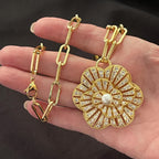 Gold CZ 3D Flower Pendant- Paperclip Chain Necklace-Large Micro Pave Pearl Pendant- Lobster Clasp