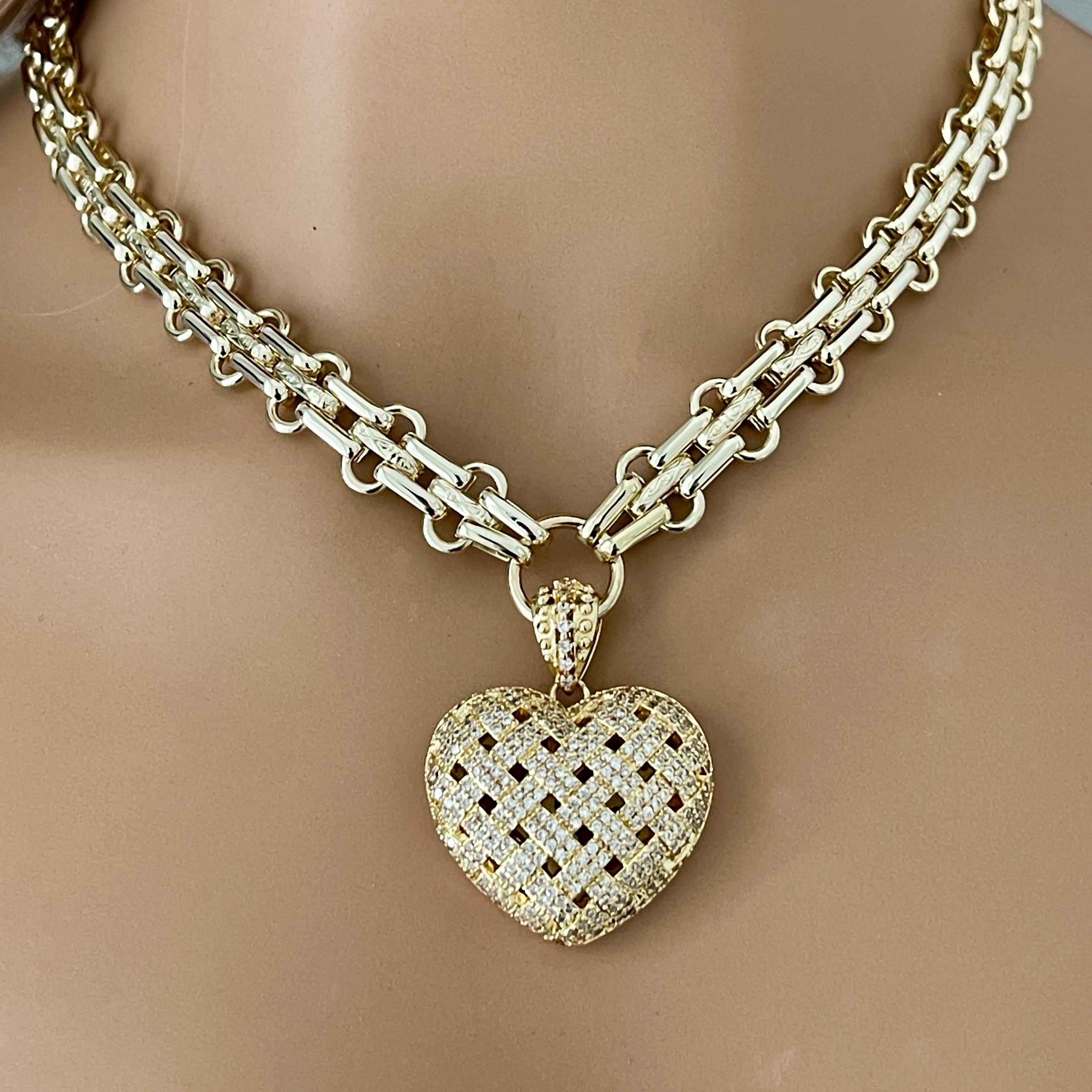 Gold Chunky Multilink Chain Necklace-Trellis Design Heart Pendant-Micro Pave Pendant-Gold Textured Chain Necklace-Lobster Clasp-Gift For Her