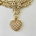 Gold Chunky Multilink Chain Necklace-Trellis Design Heart Pendant-Micro Pave Pendant-Gold Textured Chain Necklace-Lobster Clasp-Gift For Her