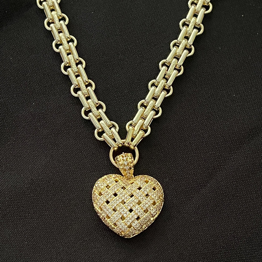 Gold Chunky Multilink Chain Necklace-Trellis Design Heart Pendant-Micro Pave Pendant-Gold Textured Chain Necklace-Lobster Clasp-Gift For Her