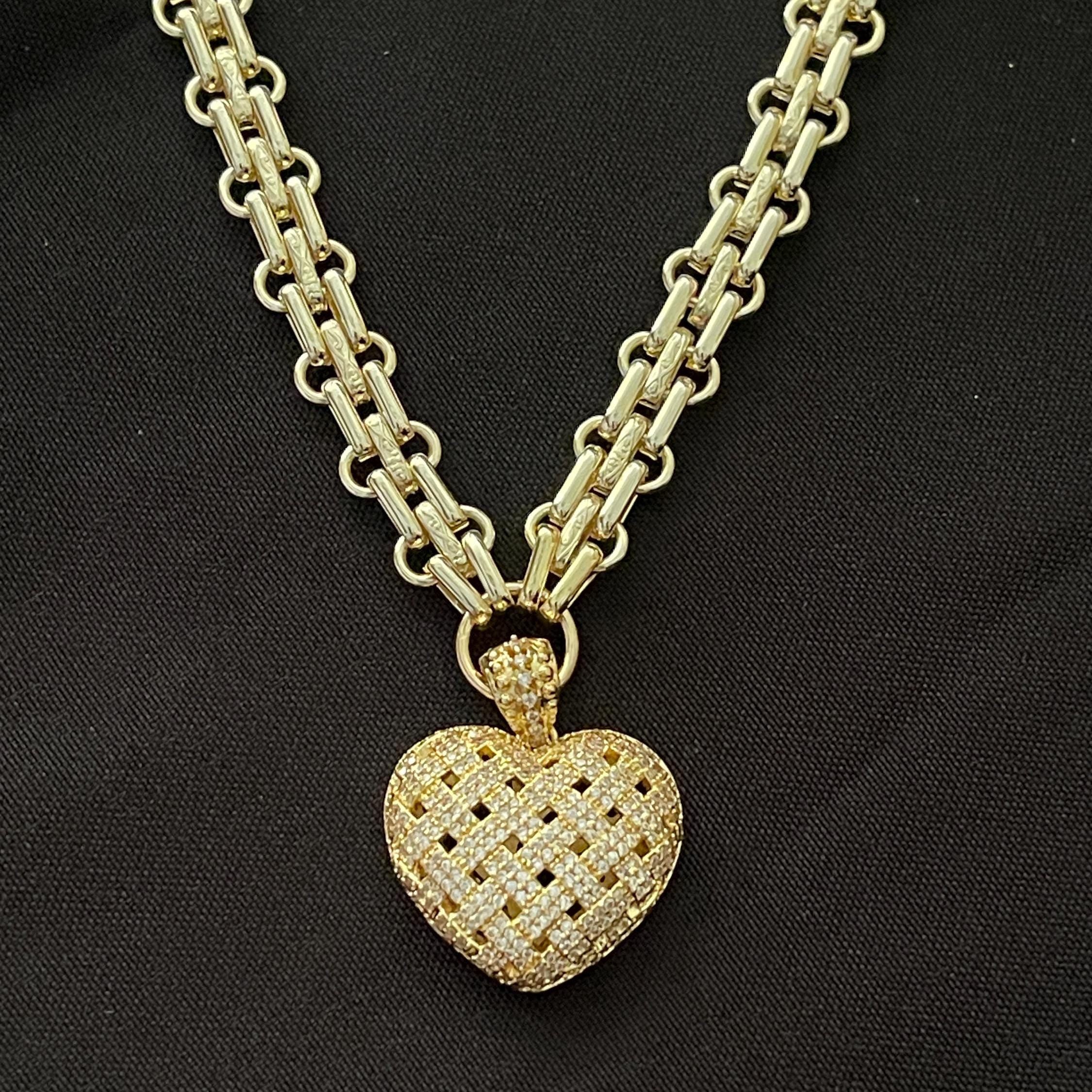 Gold Chunky Multilink Chain Necklace-Trellis Design Heart Pendant-Micro Pave Pendant-Gold Textured Chain Necklace-Lobster Clasp-Gift For Her