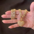 Gold Chunky Multilink Chain Necklace-Trellis Design Heart Pendant-Micro Pave Pendant-Gold Textured Chain Necklace-Lobster Clasp-Gift For Her