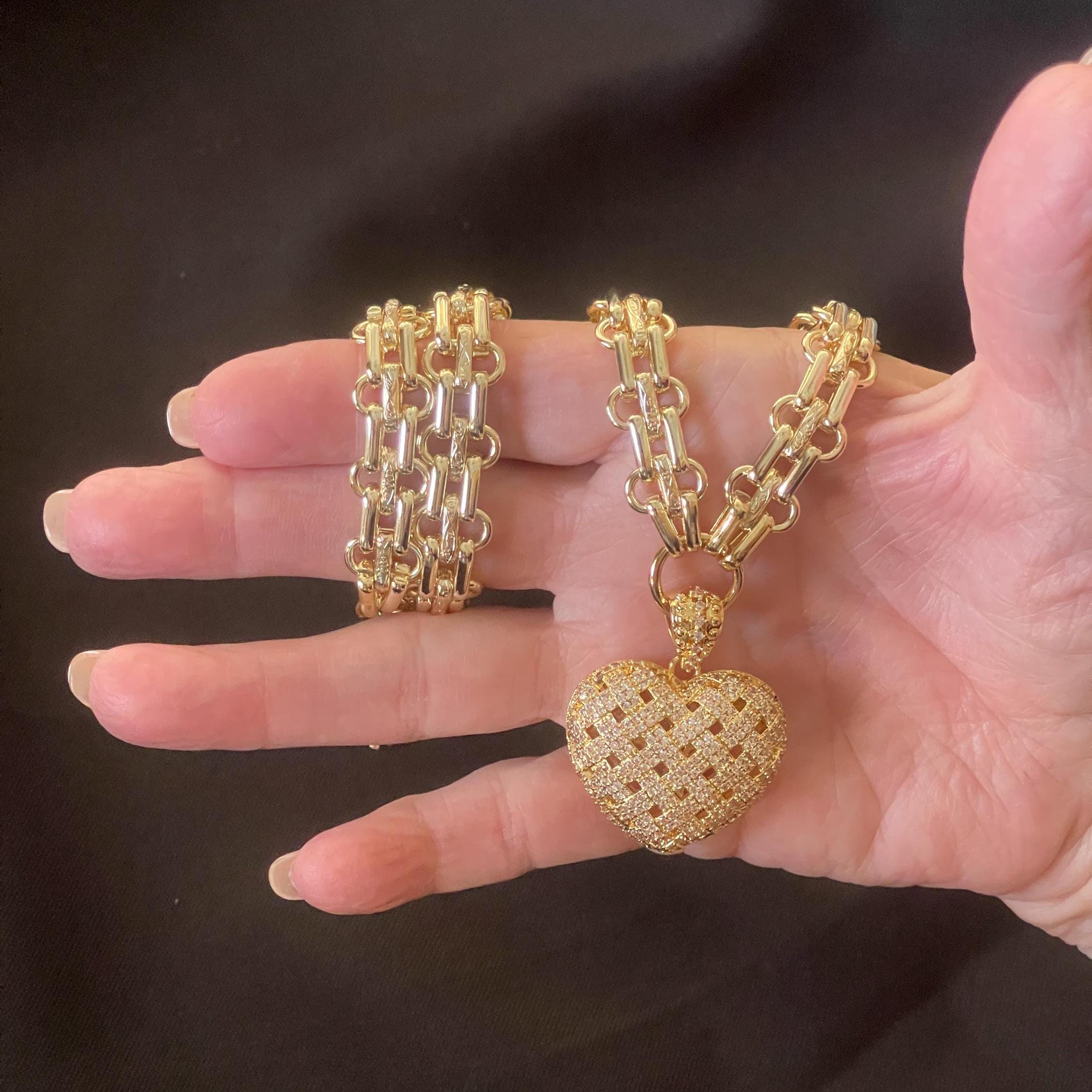 Gold Chunky Multilink Chain Necklace-Trellis Design Heart Pendant-Micro Pave Pendant-Gold Textured Chain Necklace-Lobster Clasp-Gift For Her