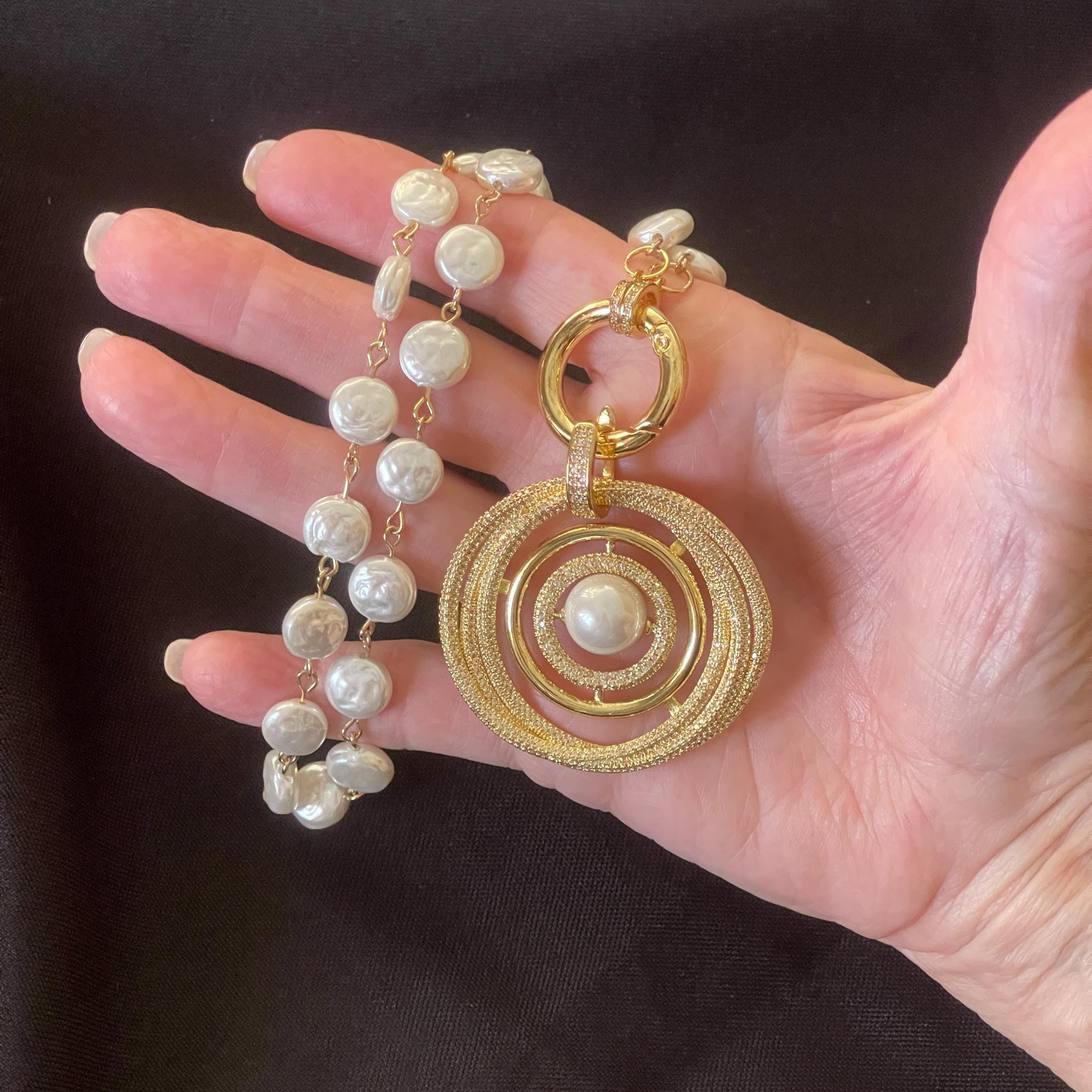 Gold Pave Pearl Pendant Necklace – Porcelain Coin Pearls, Spring Clasp