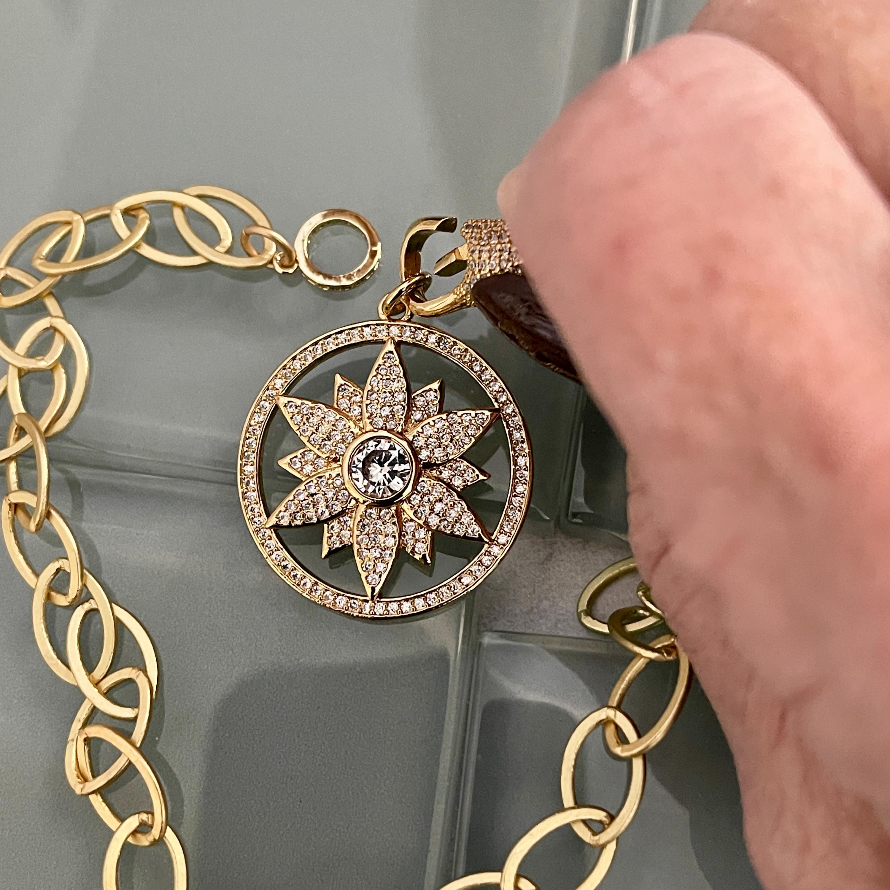 Matte Gold Cable Chain Necklace- Large Micro Pave Cutout Flower Pendant- Cubic Zirconia Pendant -CZ Lobster Clasp