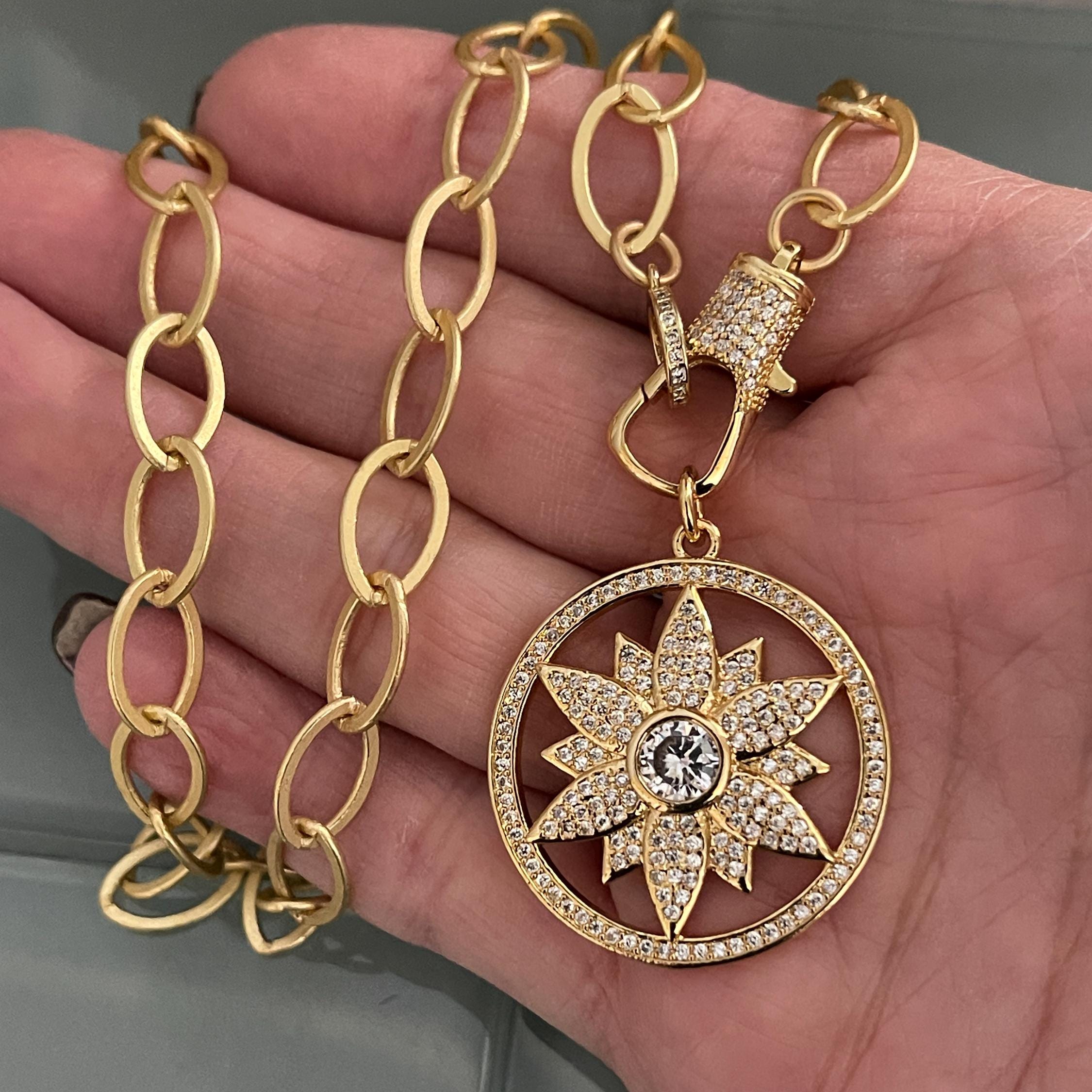 Gold Necklace-Flower Pendant-Spring Clasp Necklace-Matte Gold Lariat Necklace-Gift for Her