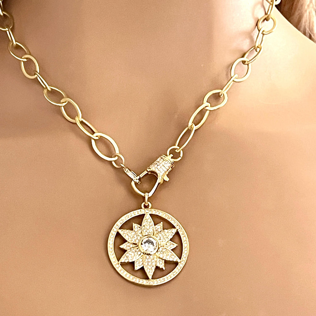 Gold Necklace-Flower Pendant-Spring Clasp Necklace-Matte Gold Lariat Necklace-Gift for Her