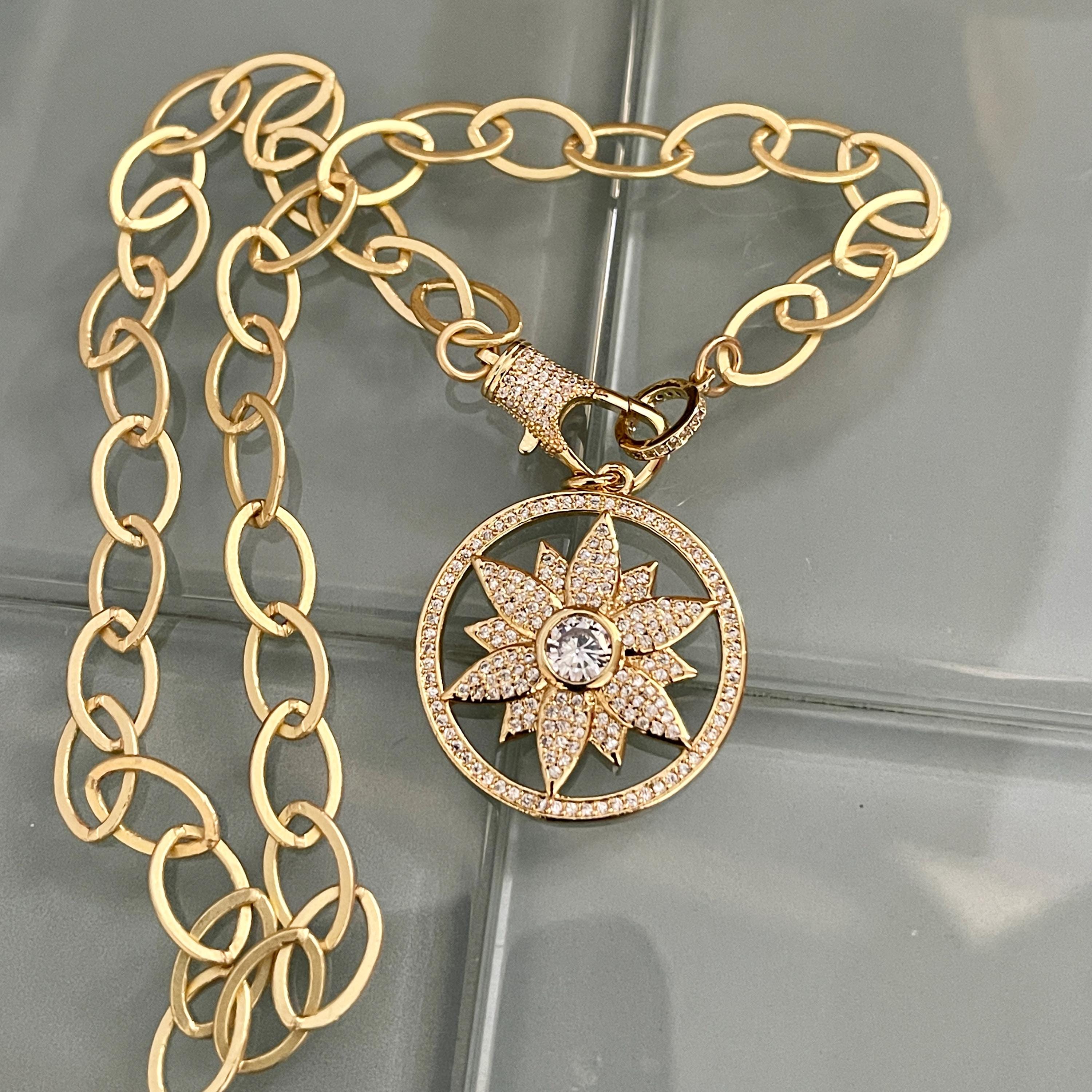 Matte Gold Cable Chain Necklace- Large Micro Pave Cutout Flower Pendant- Cubic Zirconia Pendant -CZ Lobster Clasp