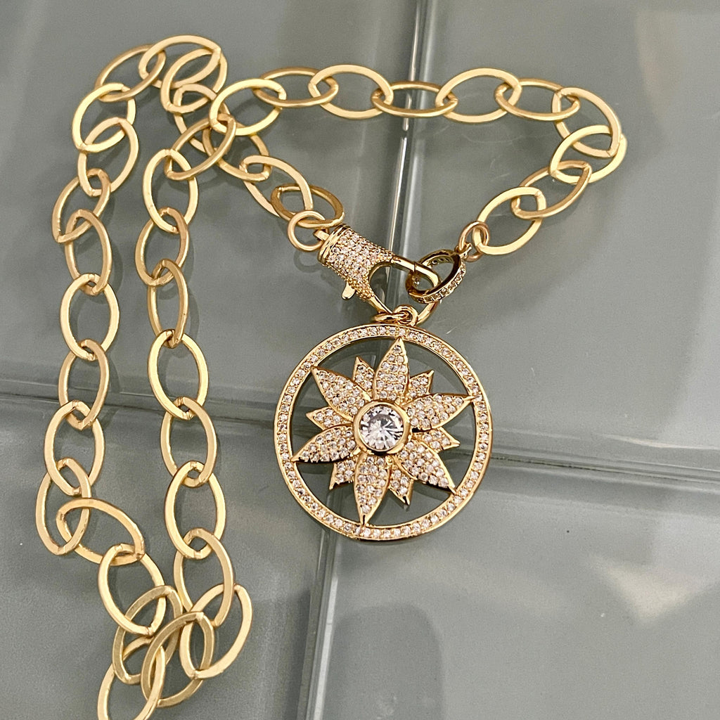 Gold Necklace-Flower Pendant-Spring Clasp Necklace-Matte Gold Lariat Necklace-Gift for Her