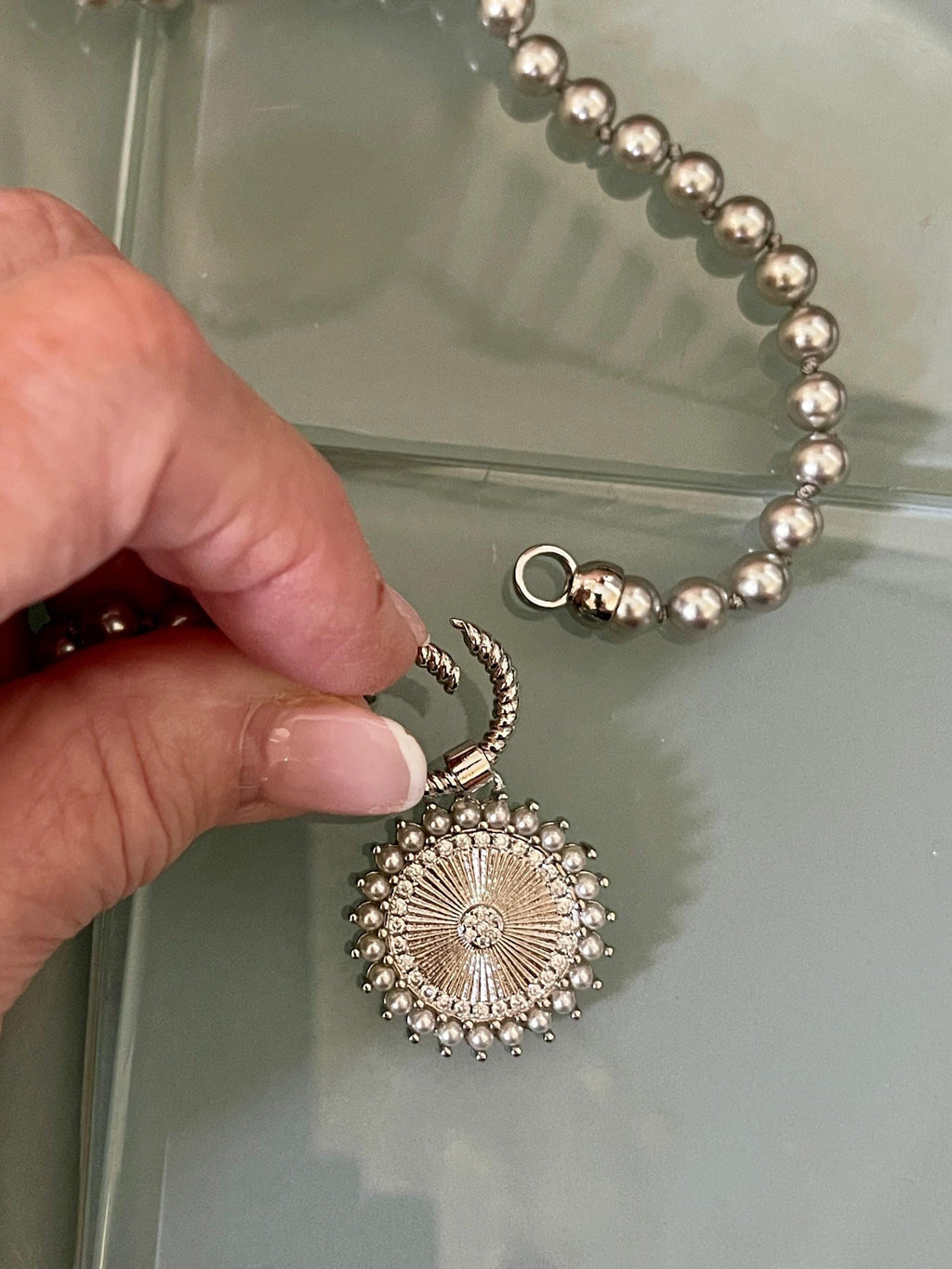 Grey Porcelain Pearl Charm Necklace-Glass Replica 6mm Pearl-Silver Pearl and CZ Charm Pendant-Hand Knotted 17"-Rope Design Spring Lock Clasp