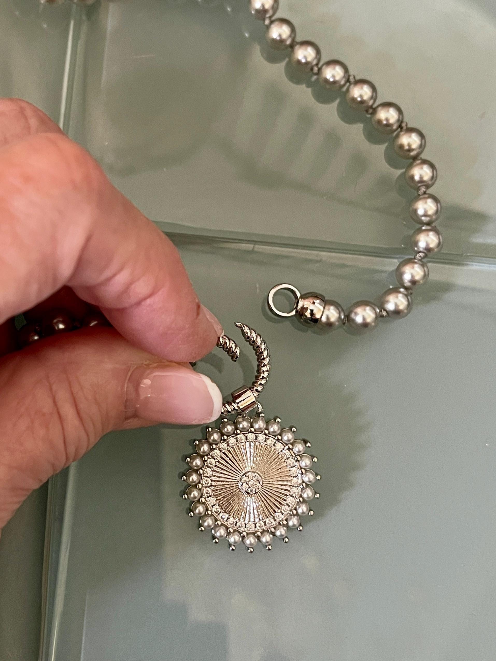 Grey Porcelain Pearl Charm Necklace-Glass Replica 6mm Pearl-Silver Pearl and CZ Charm Pendant-Hand Knotted 17"-Rope Design Spring Lock Clasp