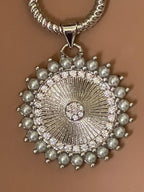 Grey Porcelain Pearl Charm Necklace-Glass Replica 6mm Pearl-Silver Pearl and CZ Charm Pendant-Hand Knotted 17"-Rope Design Spring Lock Clasp