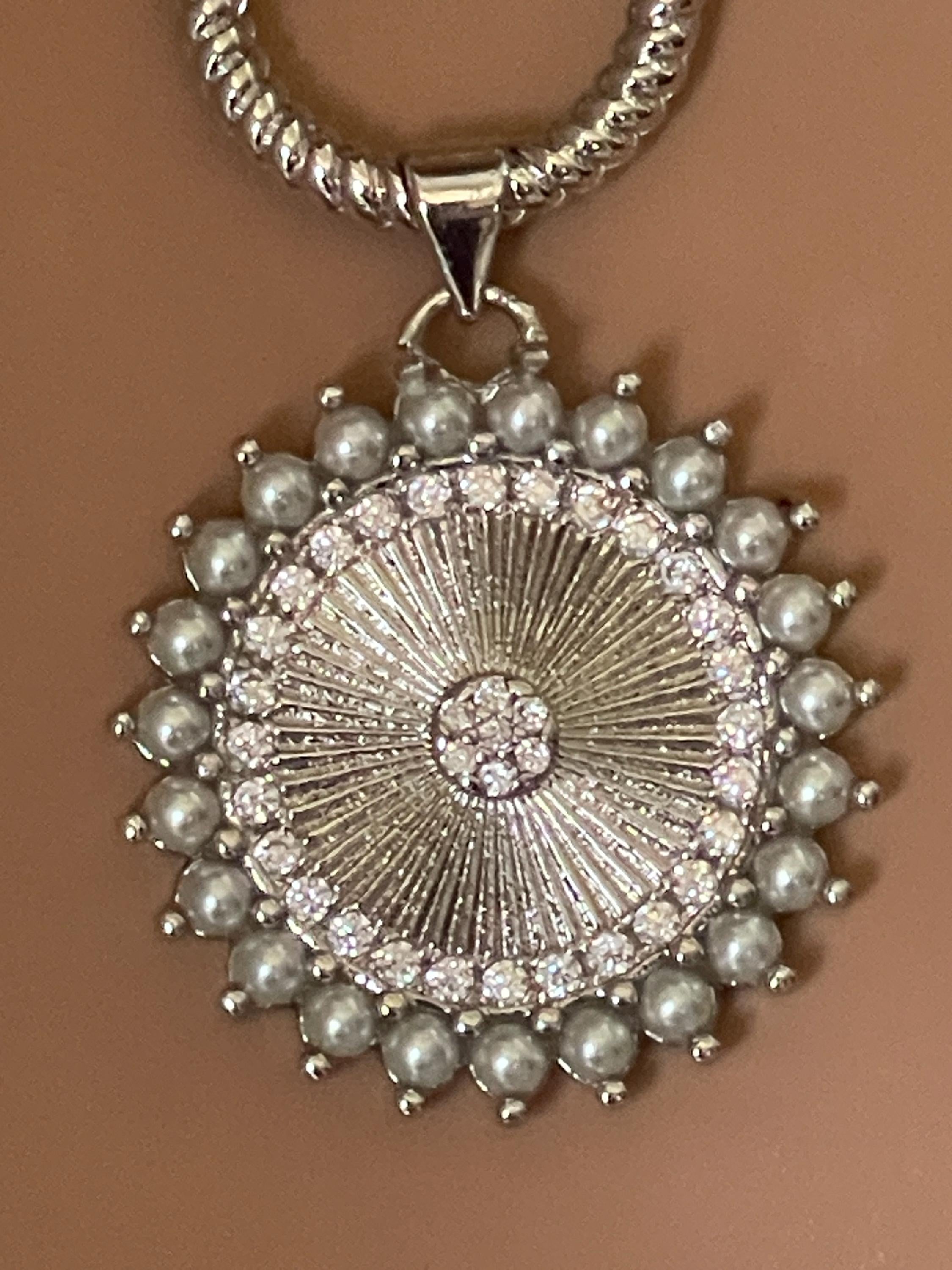 Grey Porcelain Pearl Charm Necklace-Glass Replica 6mm Pearl-Silver Pearl and CZ Charm Pendant-Hand Knotted 17"-Rope Design Spring Lock Clasp